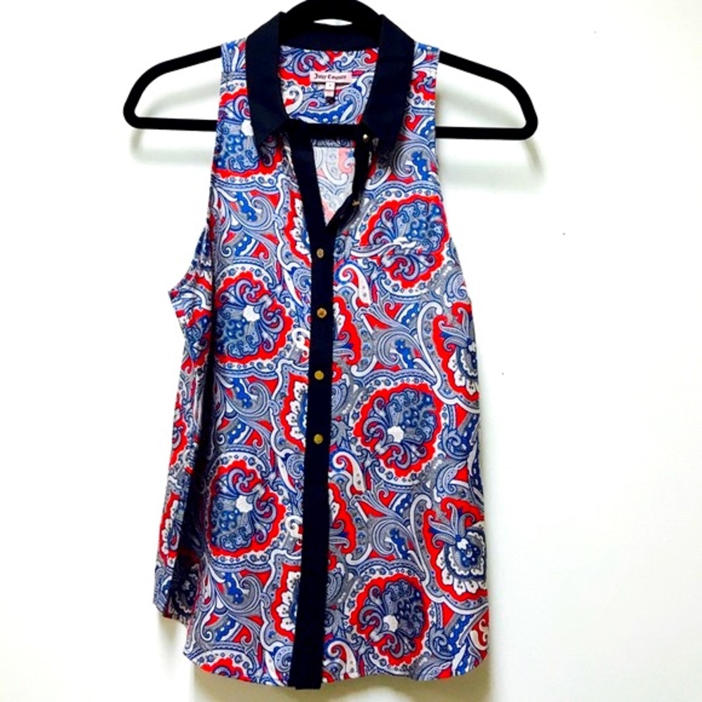 VINTAGE SILK TOP SIZE 8 JUICY COUTURE GOLD BUTTONS PAISLEY RED WHITE BLUE USA